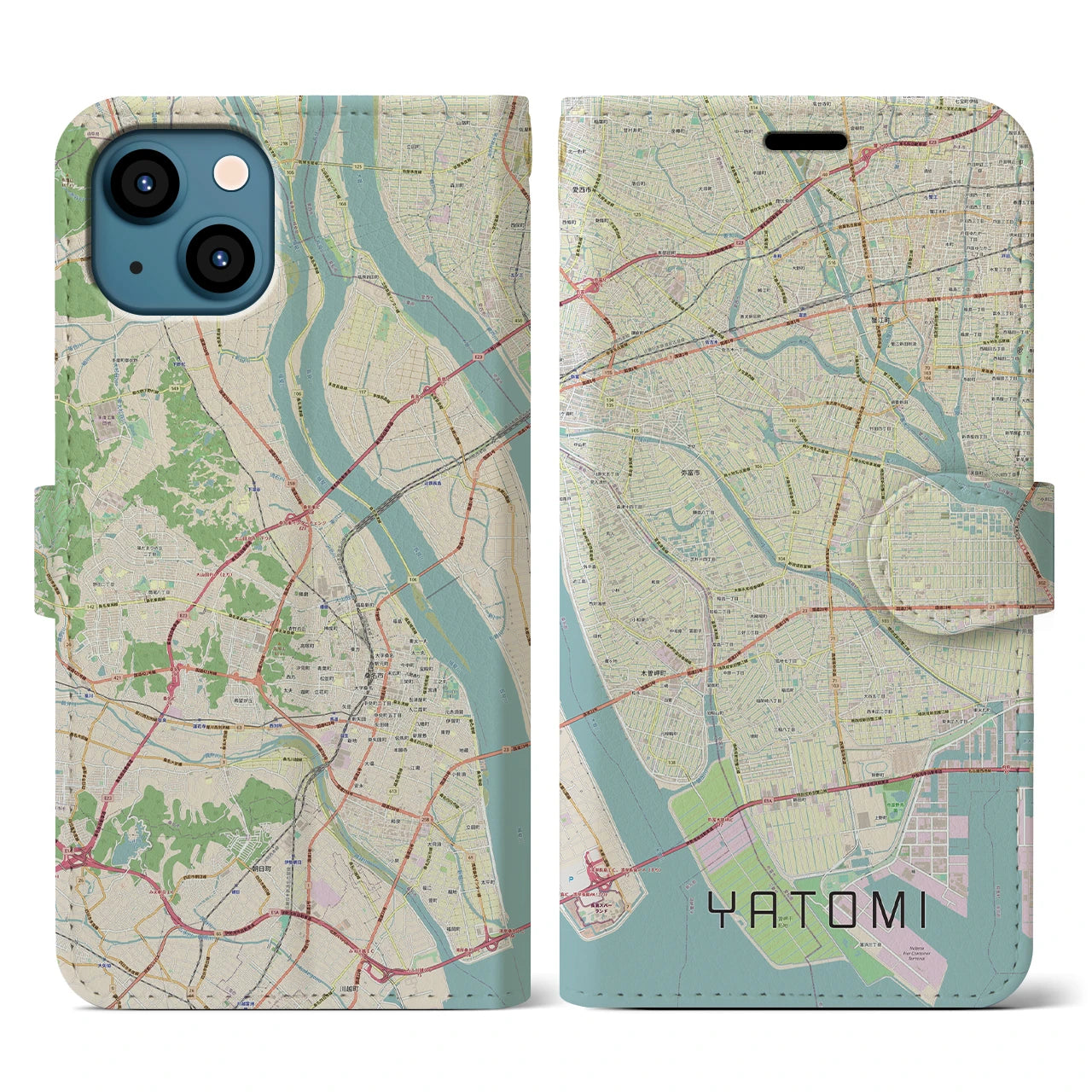 【弥富】地図柄iPhoneケース（手帳両面タイプ・ナチュラル）iPhone 13 Pro 用