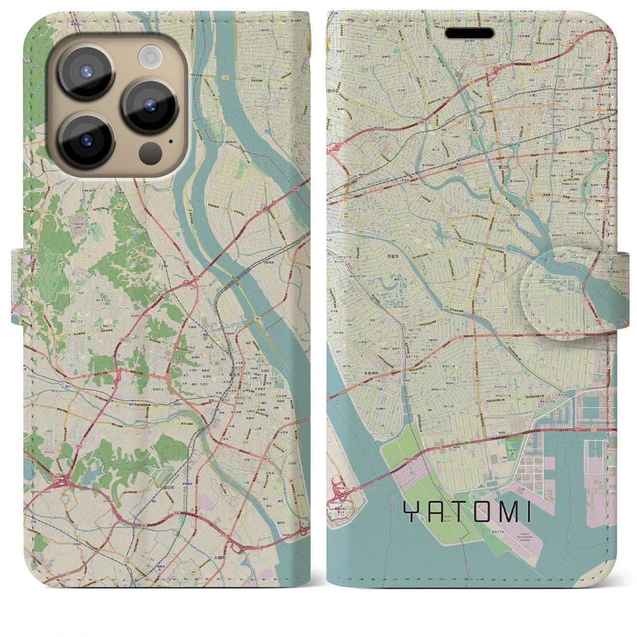 【弥富】地図柄iPhoneケース（手帳両面タイプ・ナチュラル）iPhone 14 Pro Max 用
