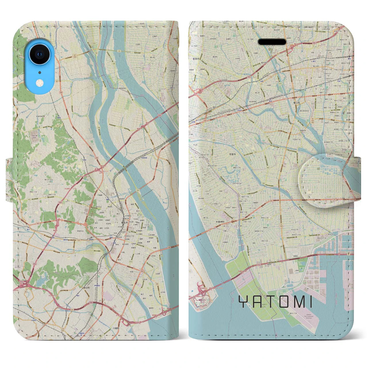 【弥富】地図柄iPhoneケース（手帳両面タイプ・ナチュラル）iPhone XR 用