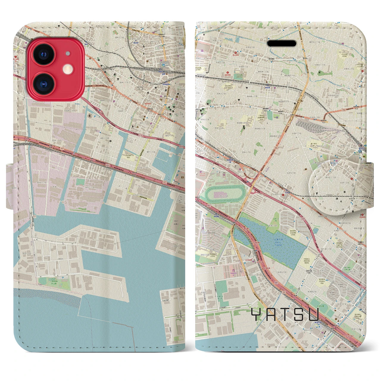 【谷津】地図柄iPhoneケース（手帳両面タイプ・ナチュラル）iPhone 11 用