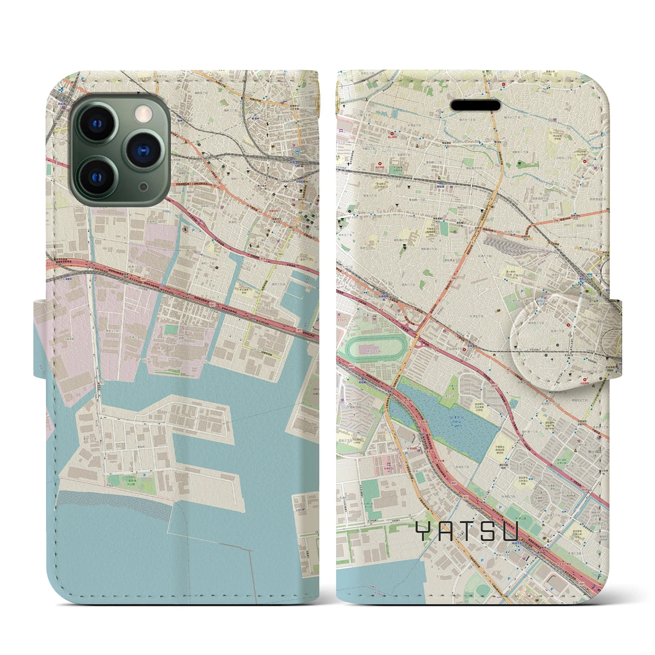 【谷津】地図柄iPhoneケース（手帳両面タイプ・ナチュラル）iPhone 11 Pro 用