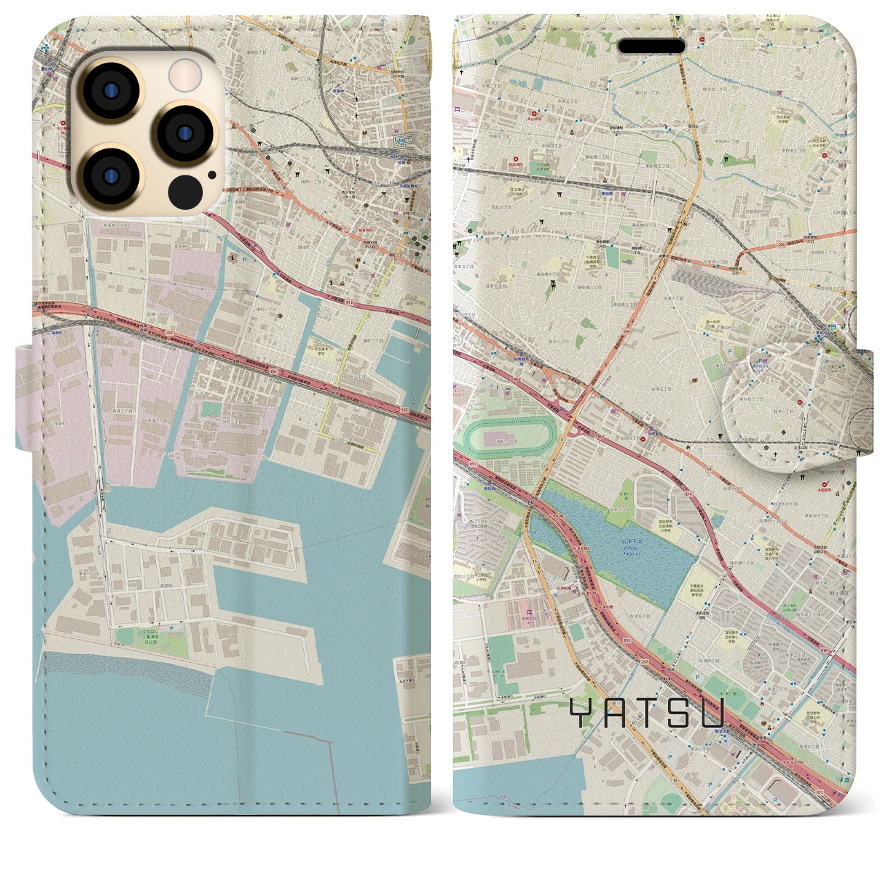 【谷津】地図柄iPhoneケース（手帳両面タイプ・ナチュラル）iPhone 12 Pro Max 用