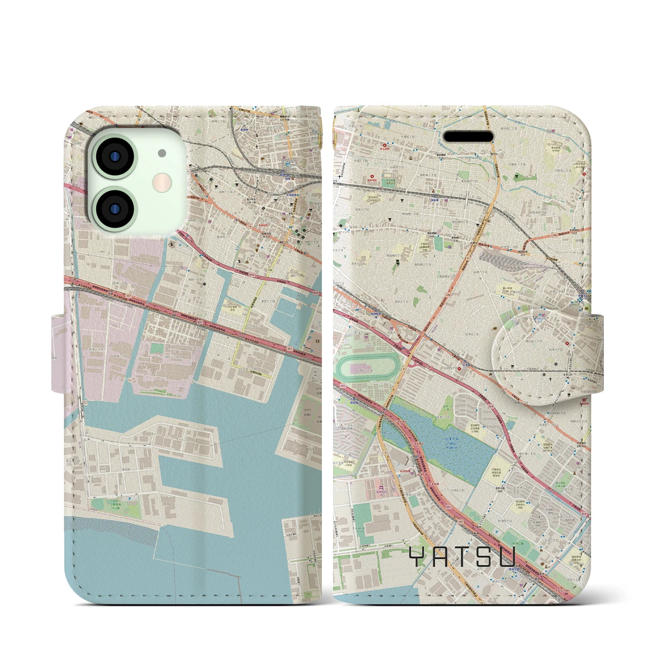 【谷津】地図柄iPhoneケース（手帳両面タイプ・ナチュラル）iPhone 12 mini 用