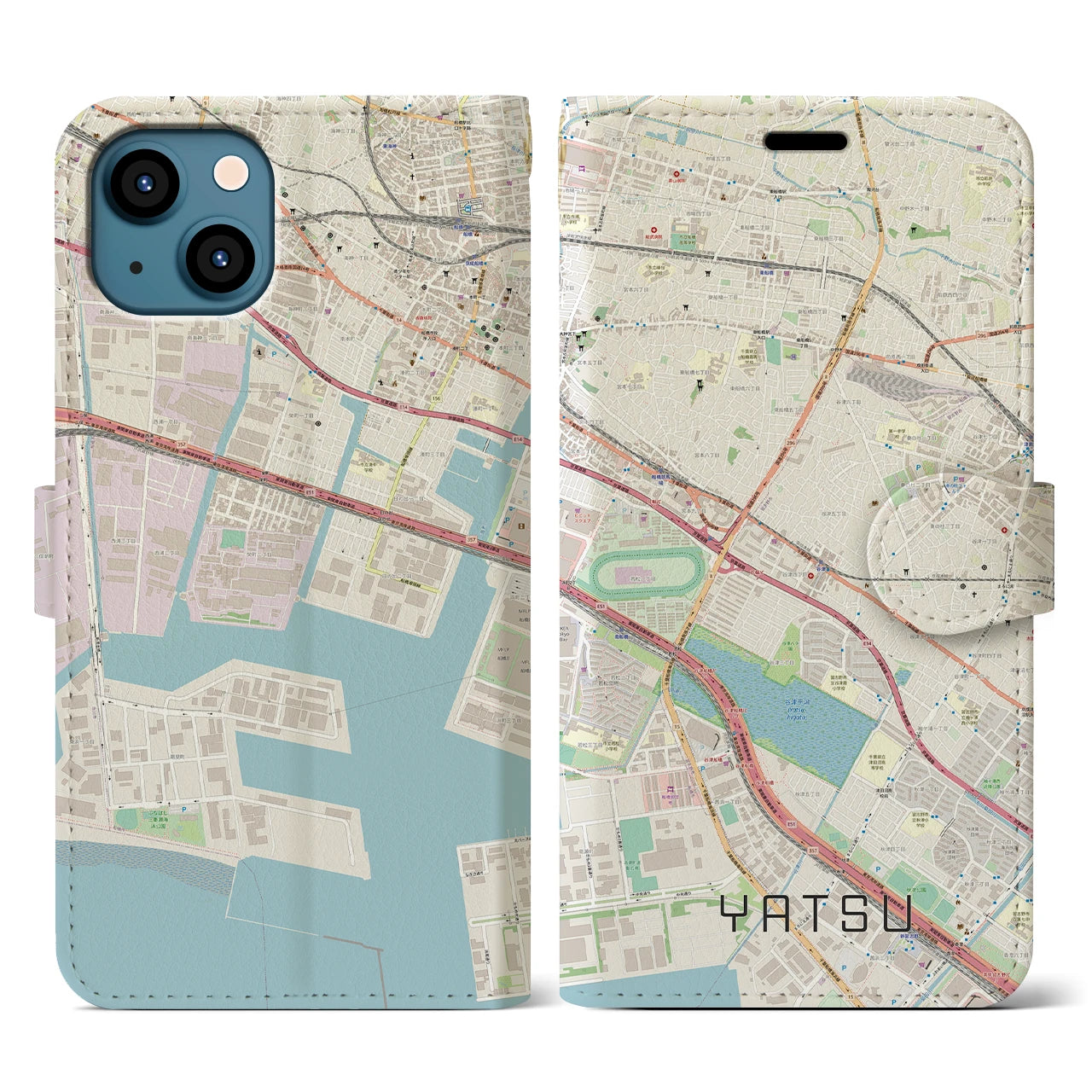 【谷津】地図柄iPhoneケース（手帳両面タイプ・ナチュラル）iPhone 13 用
