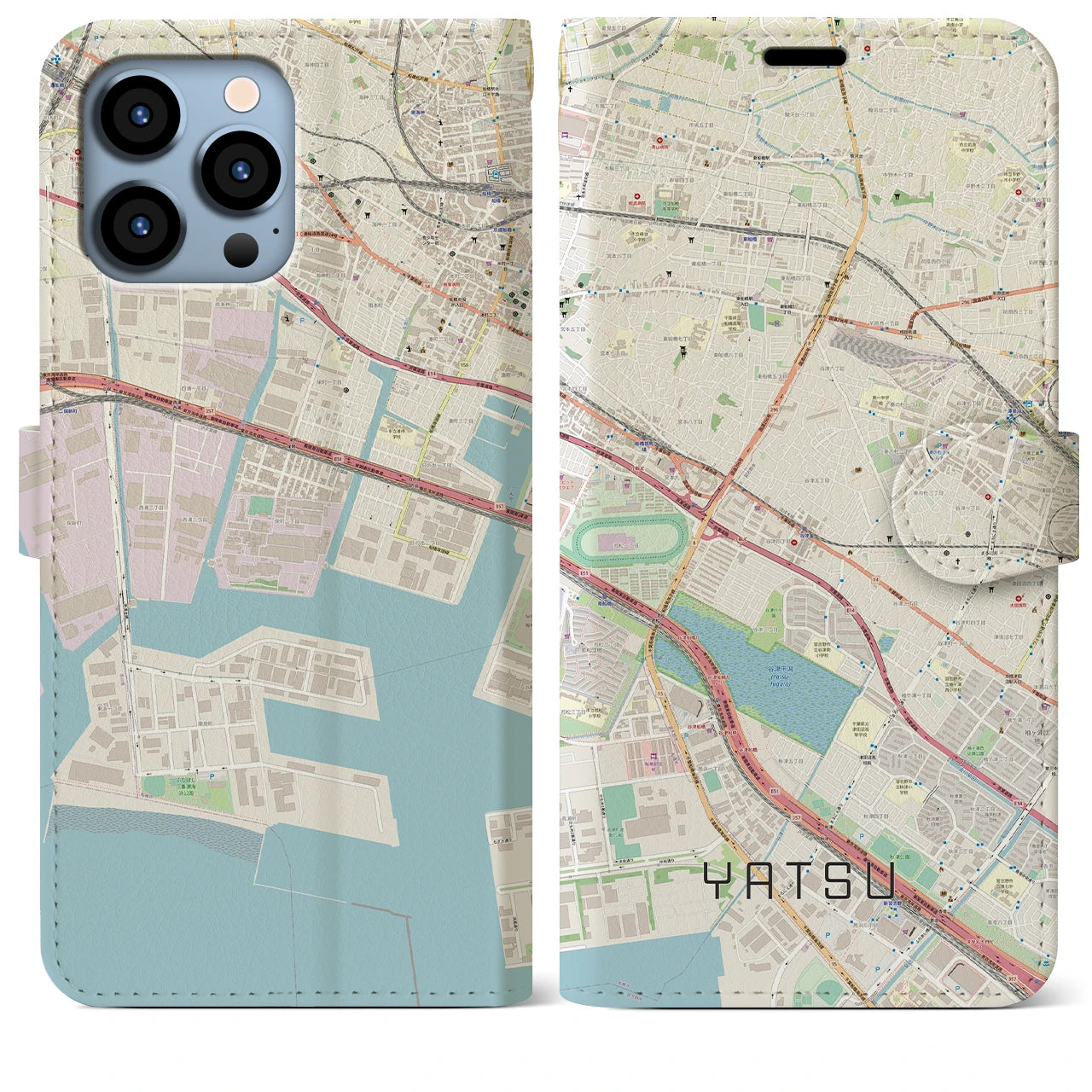 【谷津】地図柄iPhoneケース（手帳両面タイプ・ナチュラル）iPhone 13 Pro Max 用