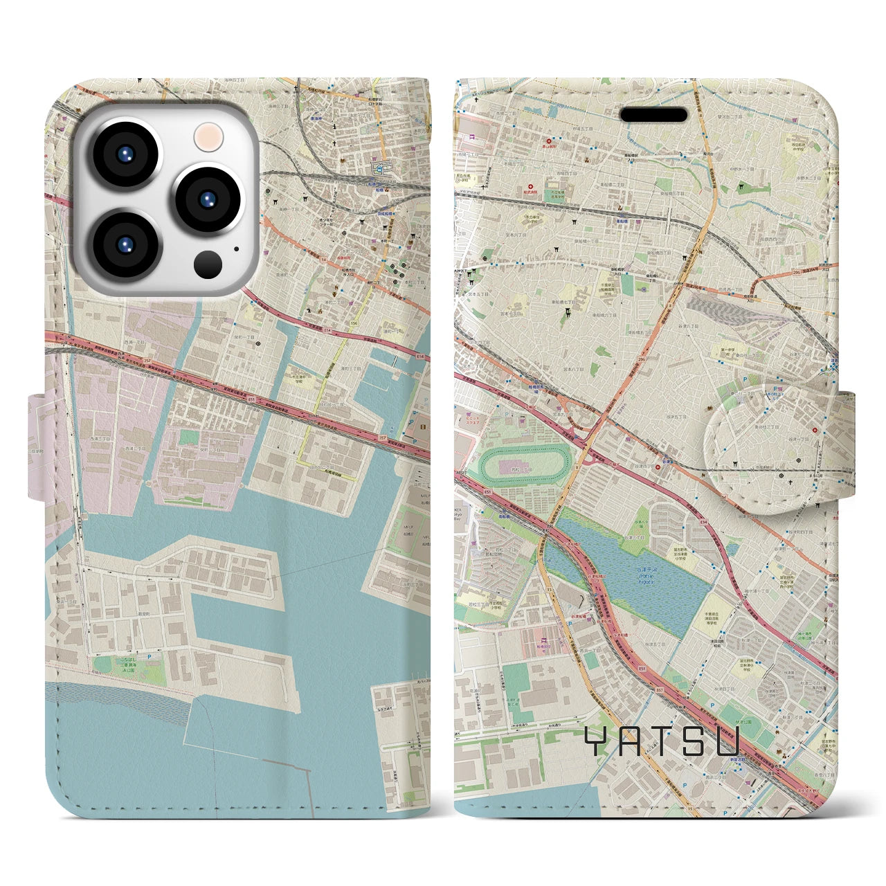 【谷津】地図柄iPhoneケース（手帳両面タイプ・ナチュラル）iPhone 13 Pro 用