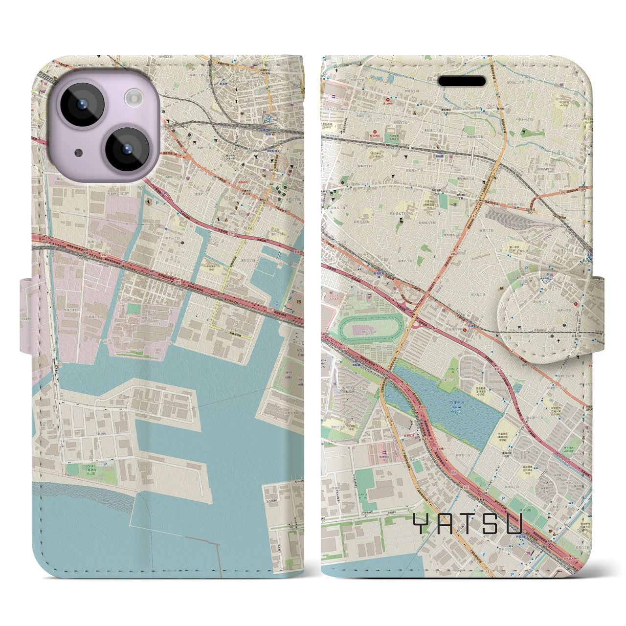 【谷津】地図柄iPhoneケース（手帳両面タイプ・ナチュラル）iPhone 14 用