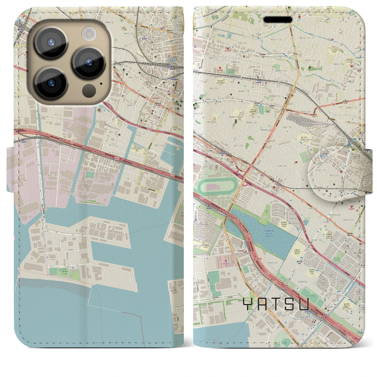 【谷津】地図柄iPhoneケース（手帳両面タイプ・ナチュラル）iPhone 14 Pro Max 用