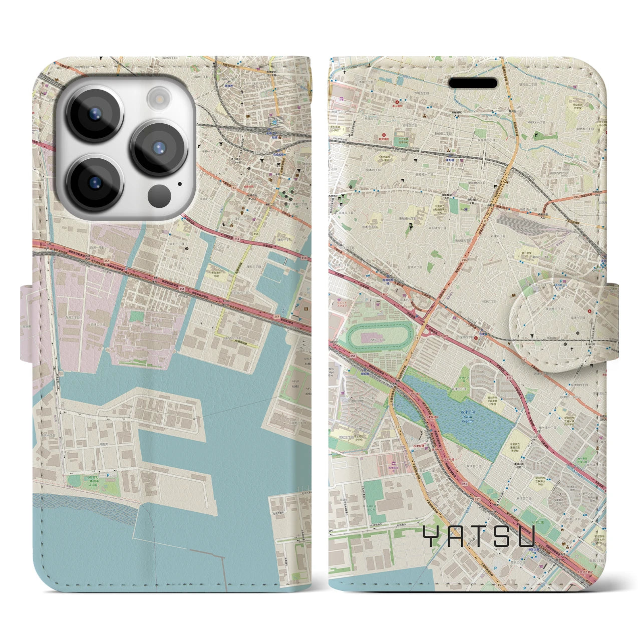 【谷津】地図柄iPhoneケース（手帳両面タイプ・ナチュラル）iPhone 14 Pro 用