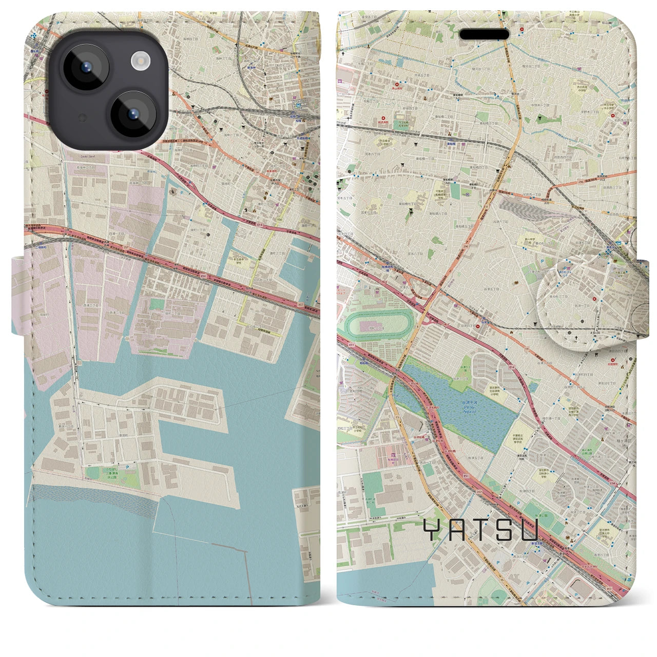 【谷津】地図柄iPhoneケース（手帳両面タイプ・ナチュラル）iPhone 14 Plus 用