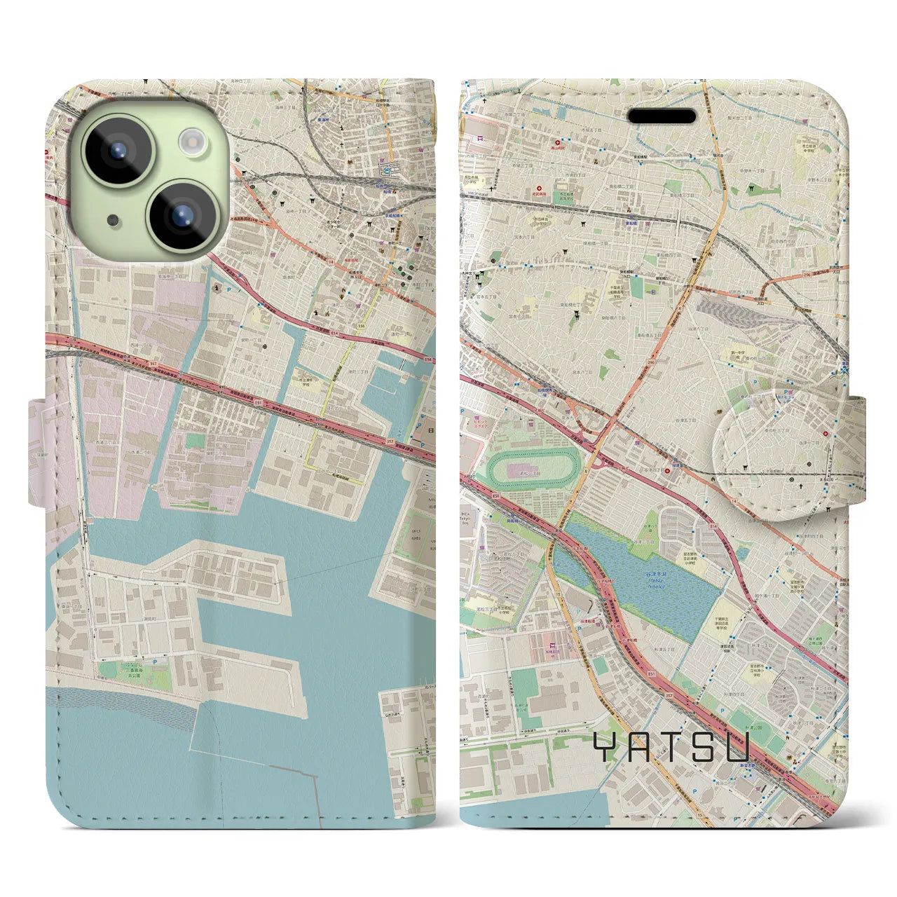 【谷津】地図柄iPhoneケース（手帳両面タイプ・ナチュラル）iPhone 15 用