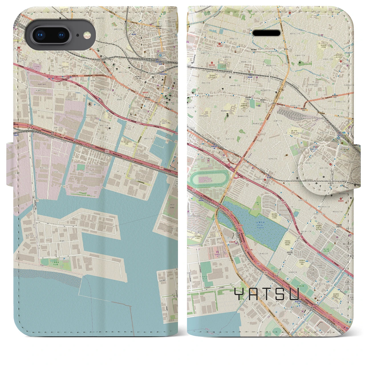 【谷津】地図柄iPhoneケース（手帳両面タイプ・ナチュラル）iPhone 8Plus /7Plus / 6sPlus / 6Plus 用