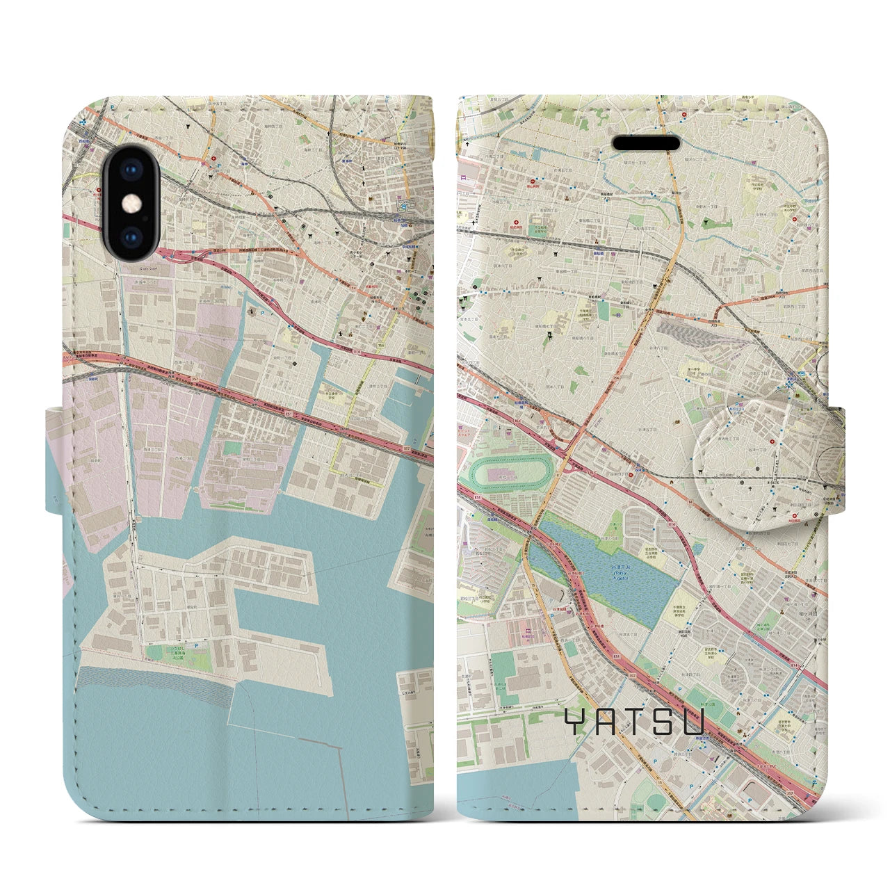 【谷津】地図柄iPhoneケース（手帳両面タイプ・ナチュラル）iPhone XS / X 用