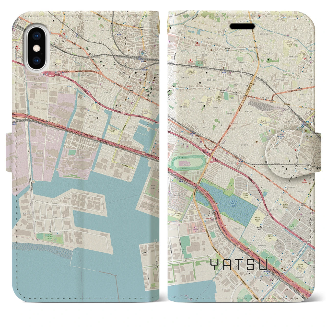 【谷津】地図柄iPhoneケース（手帳両面タイプ・ナチュラル）iPhone XS Max 用