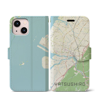 【八代（熊本県）】地図柄iPhoneケース（手帳タイプ）ナチュラル・iPhone 13 mini 用