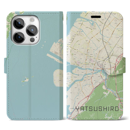 【八代（熊本県）】地図柄iPhoneケース（手帳タイプ）ナチュラル・iPhone 14 Pro 用