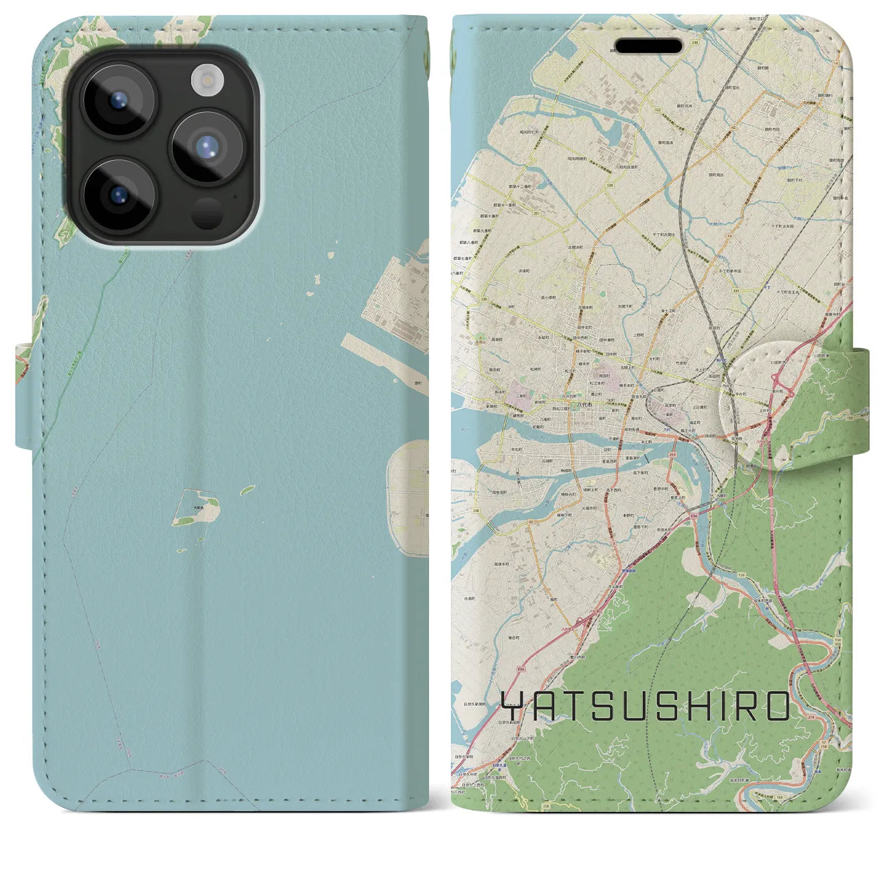 【八代】地図柄iPhoneケース（手帳両面タイプ・ナチュラル）iPhone 15 Pro Max 用