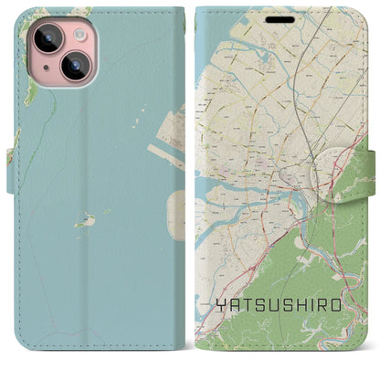 【八代（熊本県）】地図柄iPhoneケース（手帳タイプ）ナチュラル・iPhone 15 Plus 用