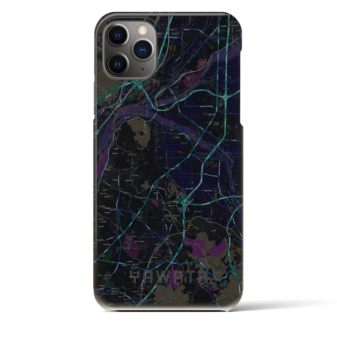 【八幡（京都府）】地図柄iPhoneケース（バックカバータイプ・ブラック）iPhone 11 Pro Max 用