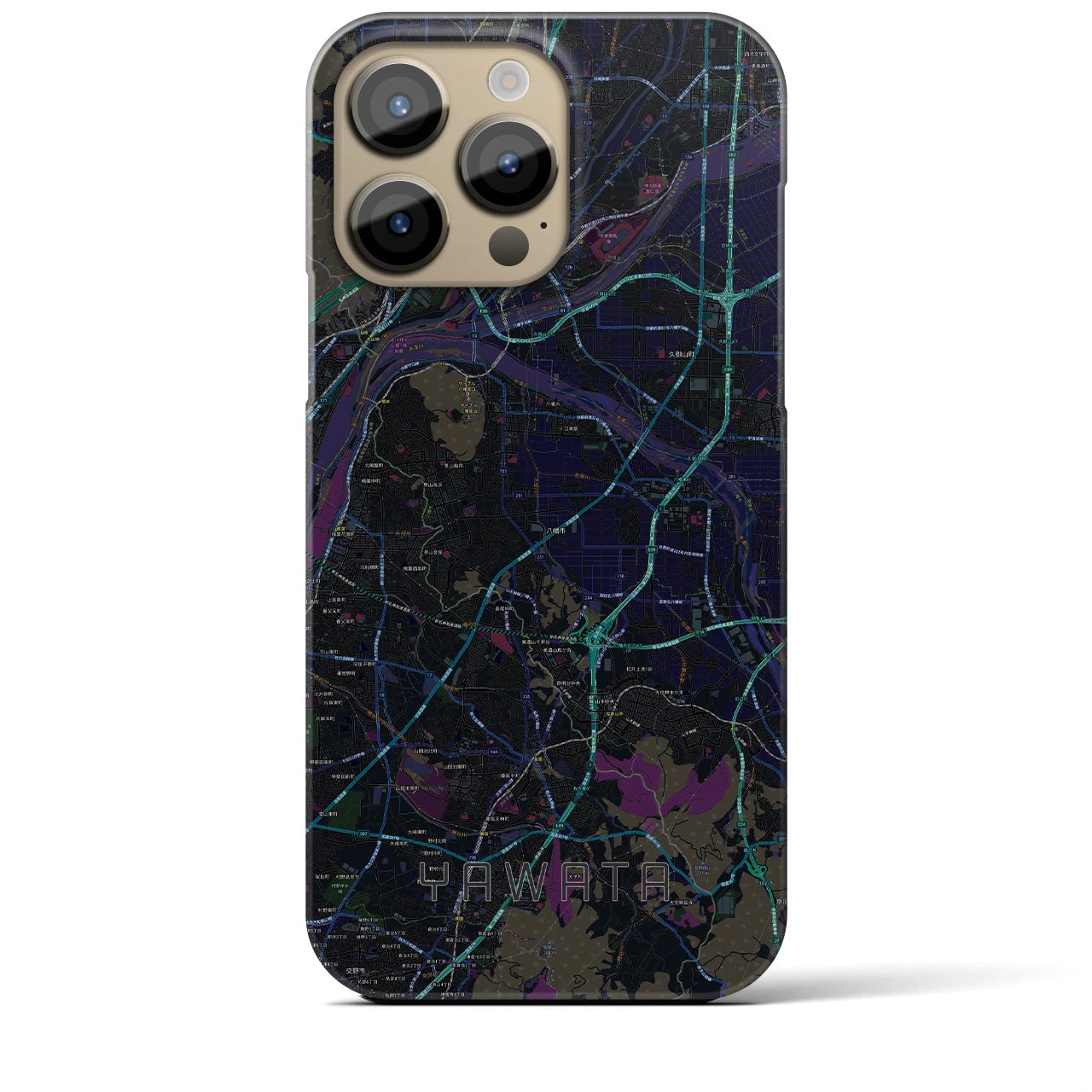【八幡（京都府）】地図柄iPhoneケース（バックカバータイプ・ブラック）iPhone 14 Pro Max 用