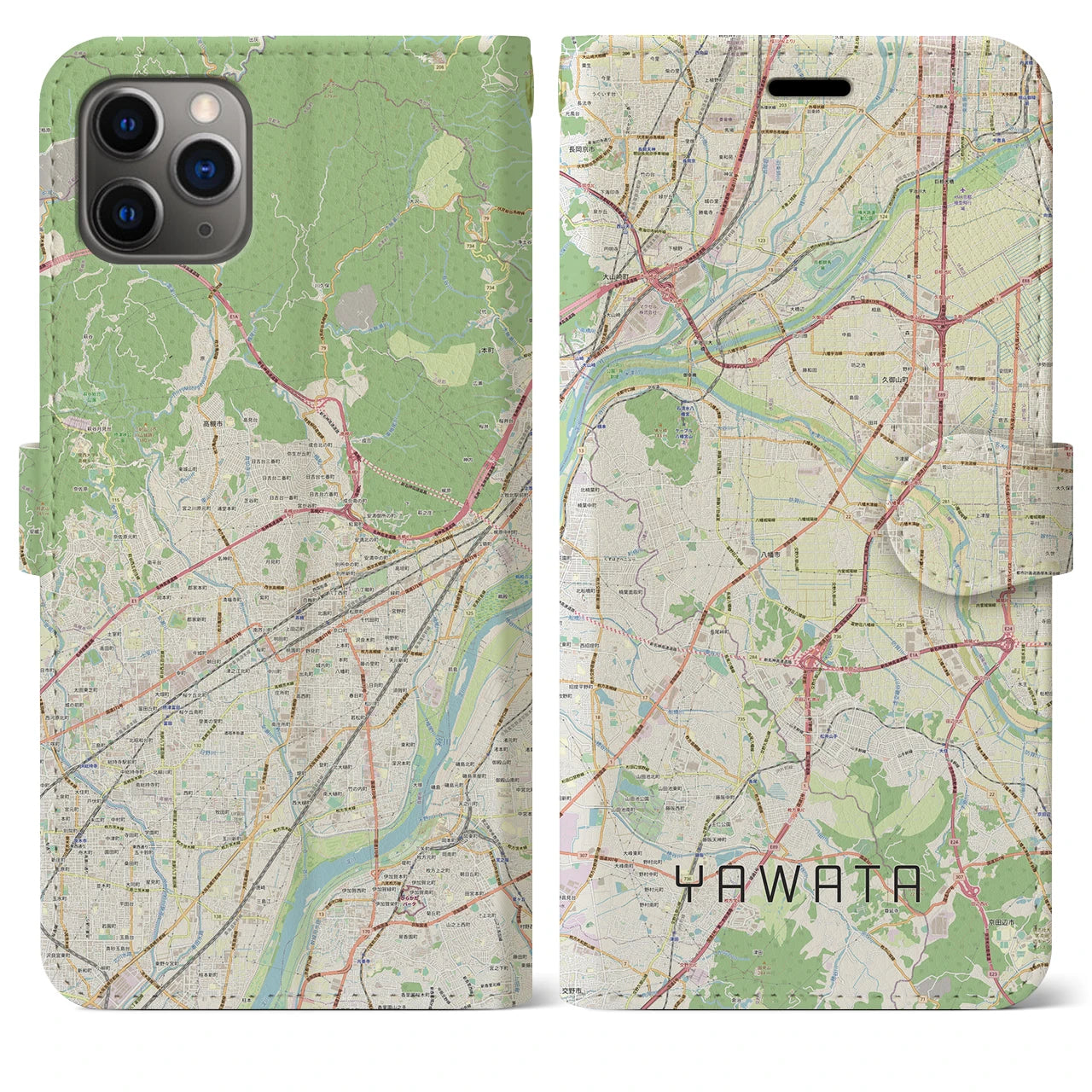 【八幡（京都府）】地図柄iPhoneケース（手帳両面タイプ・ナチュラル）iPhone 11 Pro Max 用