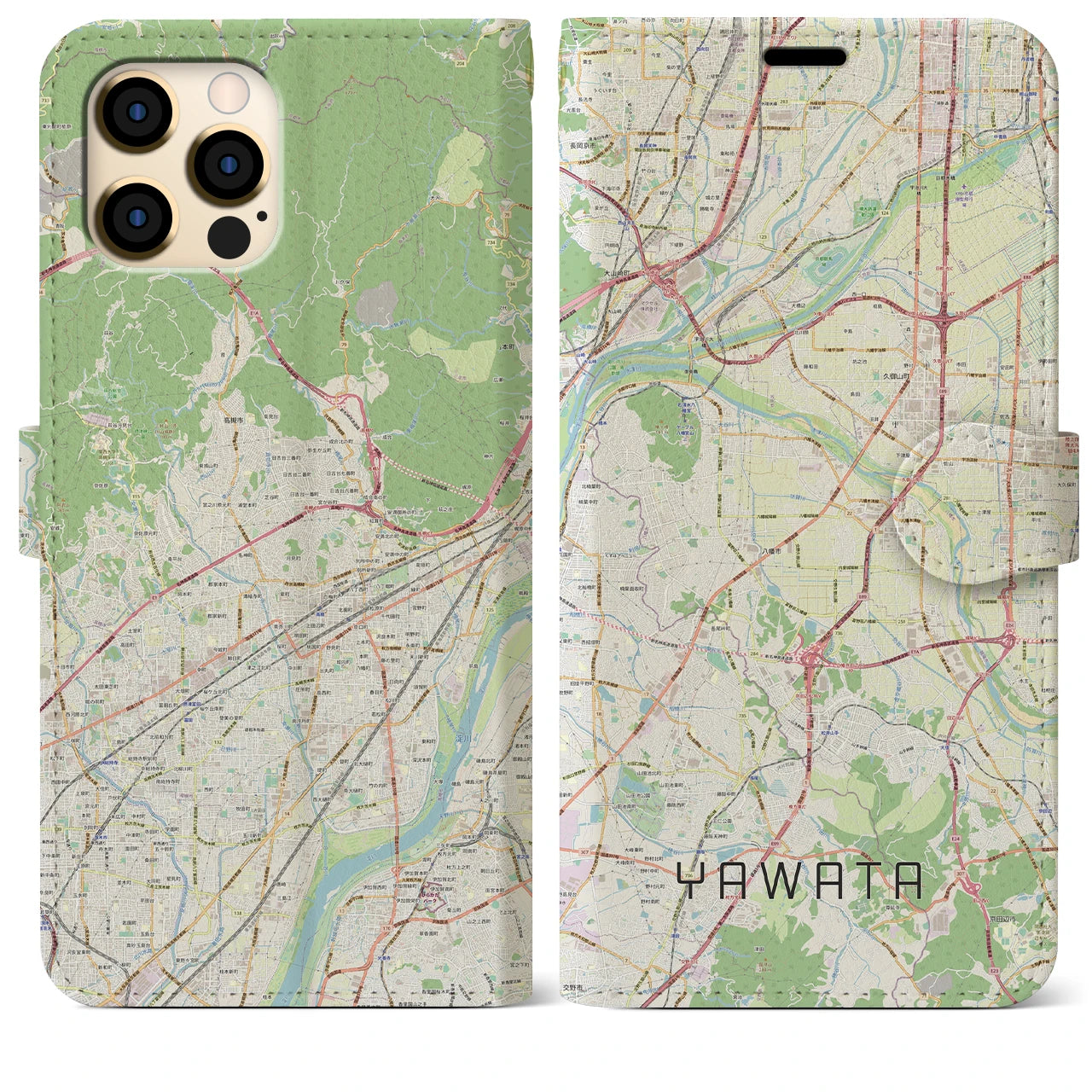 【八幡（京都府）】地図柄iPhoneケース（手帳両面タイプ・ナチュラル）iPhone 12 Pro Max 用