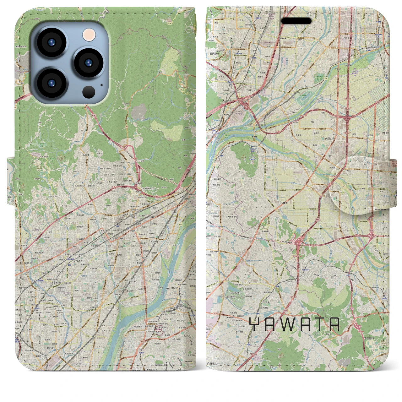 【八幡（京都府）】地図柄iPhoneケース（手帳両面タイプ・ナチュラル）iPhone 13 Pro Max 用
