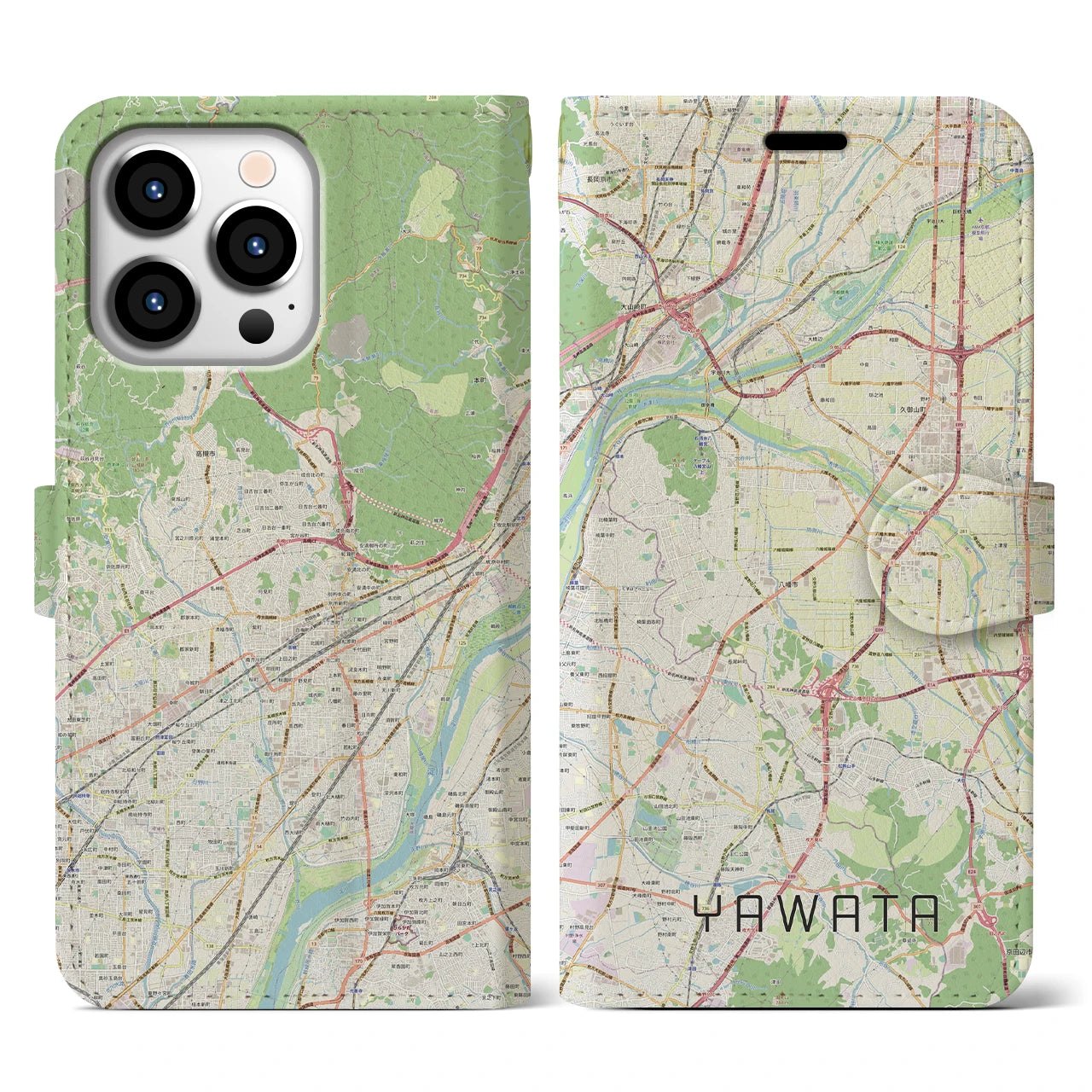 【八幡（京都府）】地図柄iPhoneケース（手帳両面タイプ・ナチュラル）iPhone 13 Pro 用