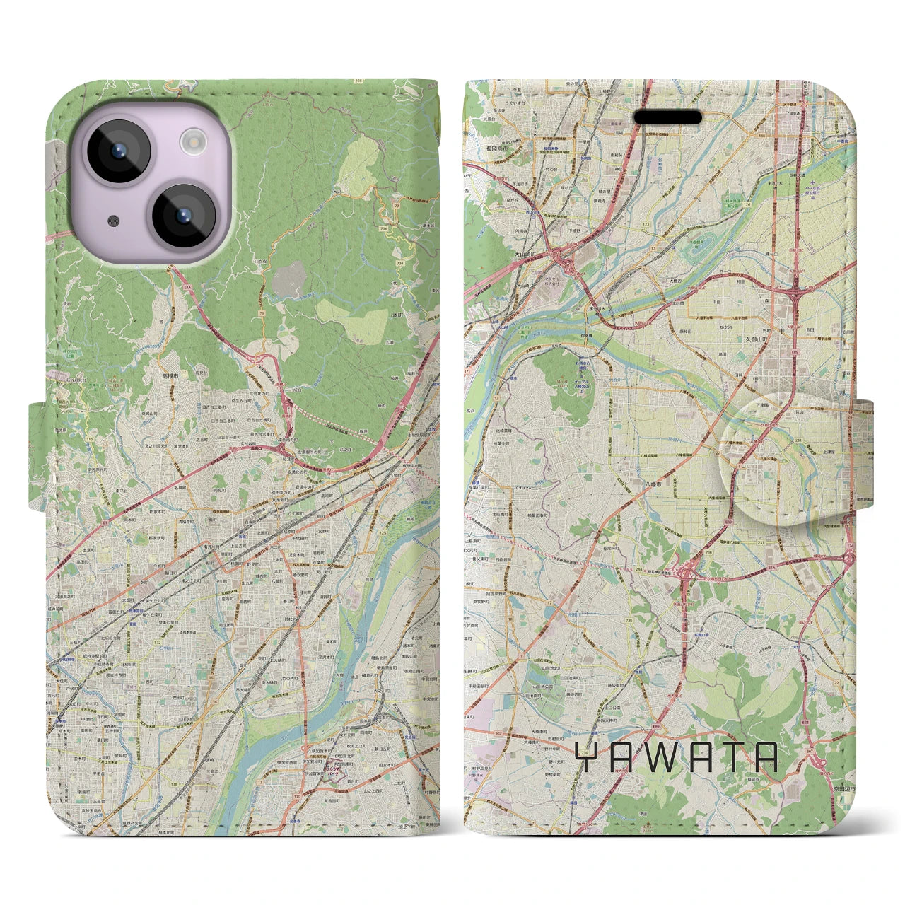 【八幡（京都府）】地図柄iPhoneケース（手帳両面タイプ・ナチュラル）iPhone 14 用