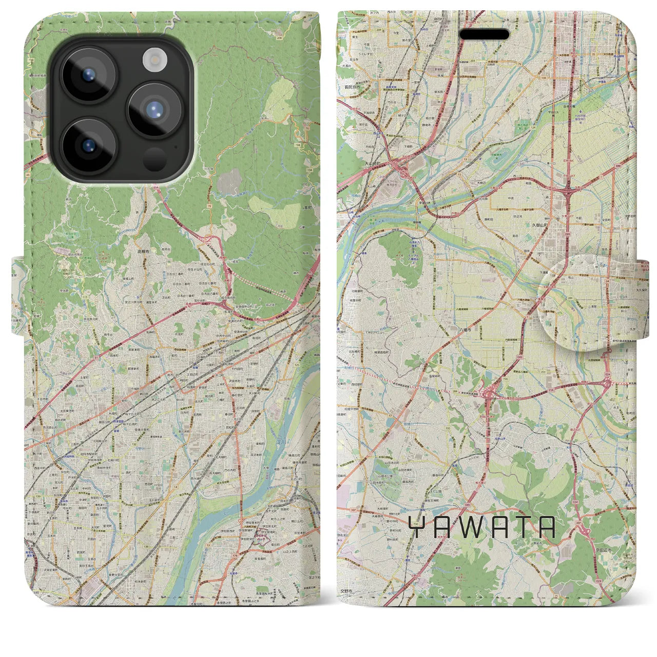【八幡（京都府）】地図柄iPhoneケース（手帳両面タイプ・ナチュラル）iPhone 15 Pro Max 用