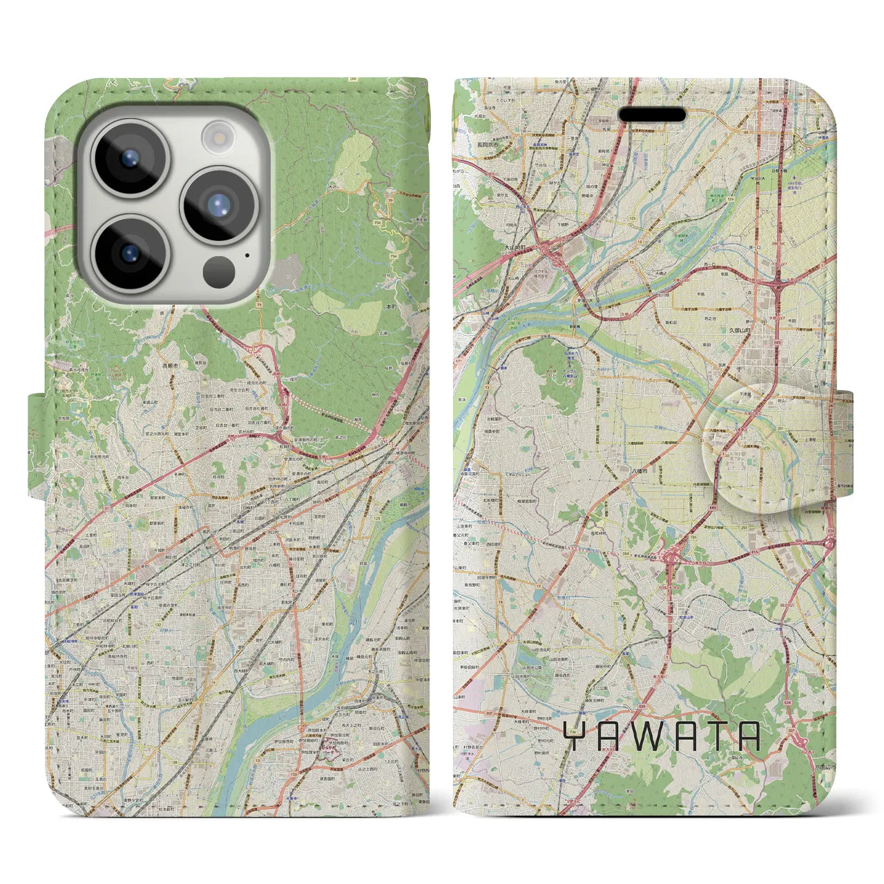 【八幡（京都府）】地図柄iPhoneケース（手帳両面タイプ・ナチュラル）iPhone 15 Pro 用