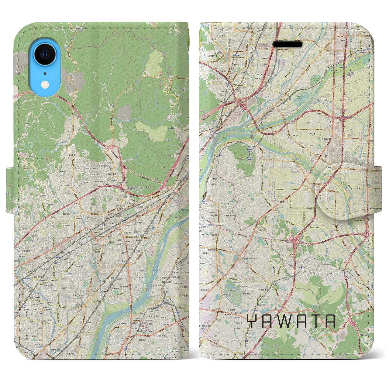 【八幡（京都府）】地図柄iPhoneケース（手帳両面タイプ・ナチュラル）iPhone XR 用