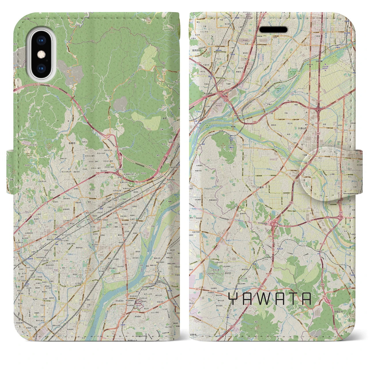 【八幡（京都府）】地図柄iPhoneケース（手帳両面タイプ・ナチュラル）iPhone XS Max 用