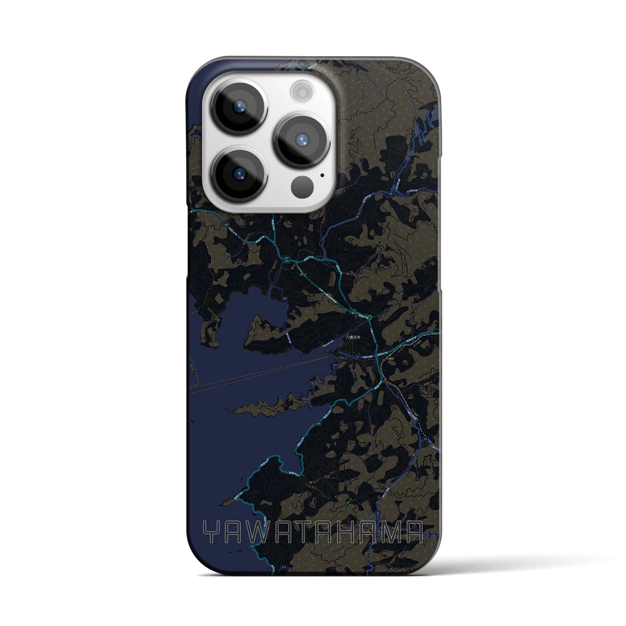 【八幡浜】地図柄iPhoneケース（バックカバータイプ・ブラック）iPhone 14 Pro 用