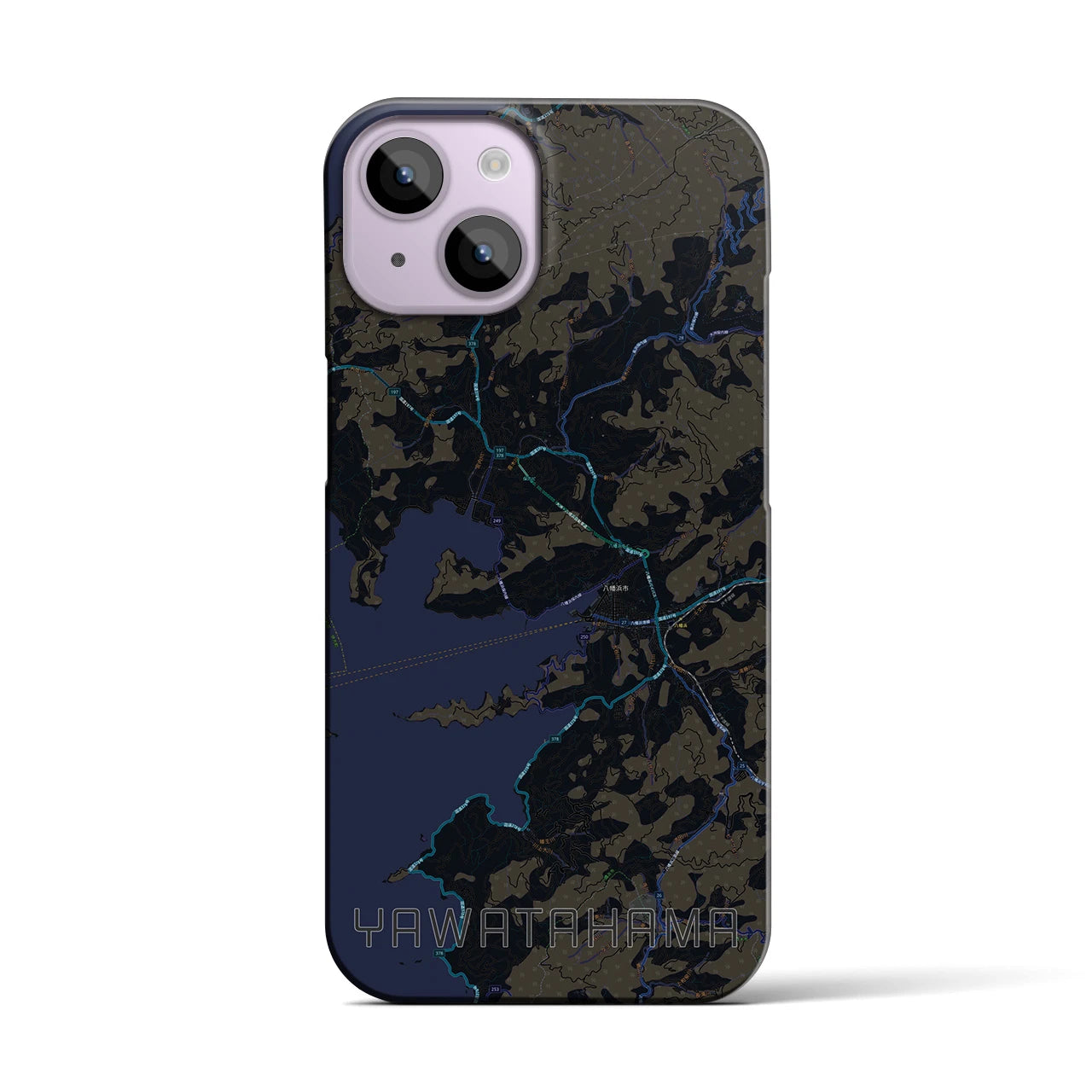 【八幡浜】地図柄iPhoneケース（バックカバータイプ・ブラック）iPhone 14 用