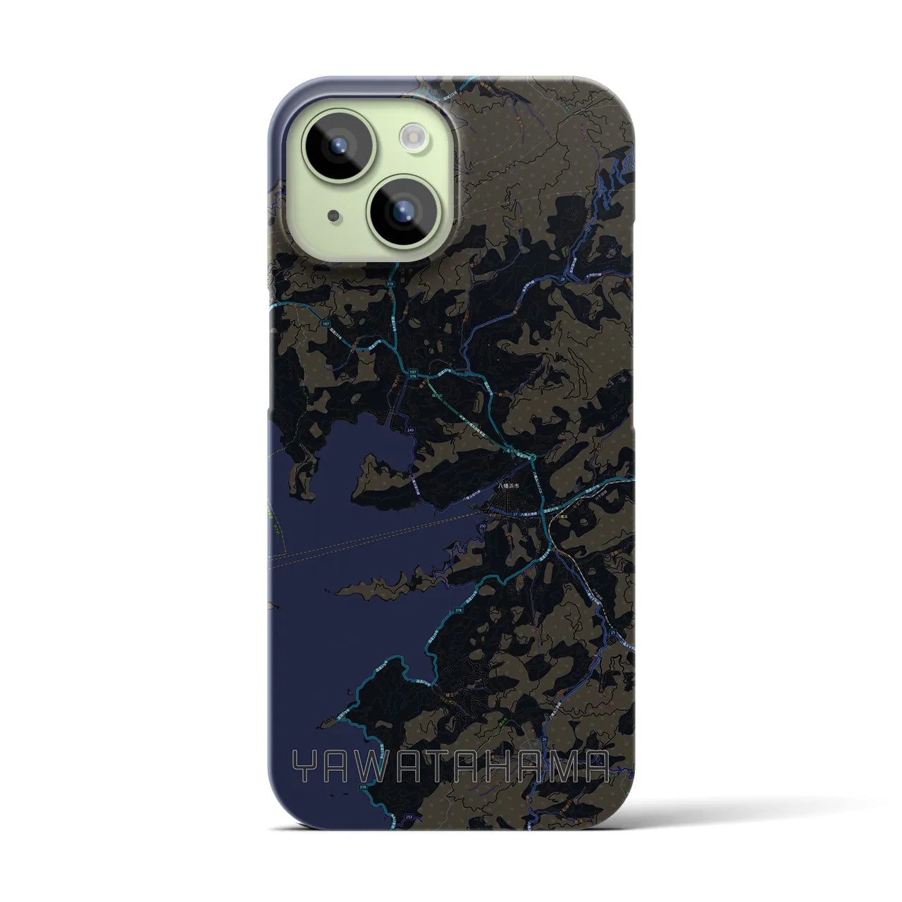 【八幡浜】地図柄iPhoneケース（バックカバータイプ・ブラック）iPhone 15 用