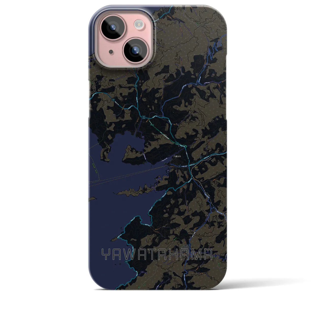 【八幡浜】地図柄iPhoneケース（バックカバータイプ・ブラック）iPhone 15 Plus 用