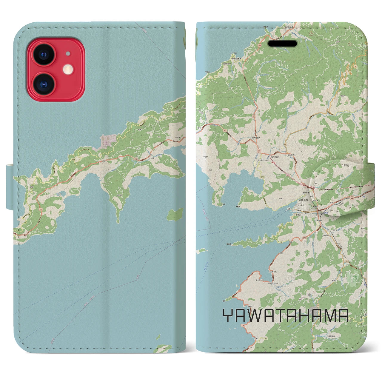 【八幡浜】地図柄iPhoneケース（手帳両面タイプ・ナチュラル）iPhone 11 用