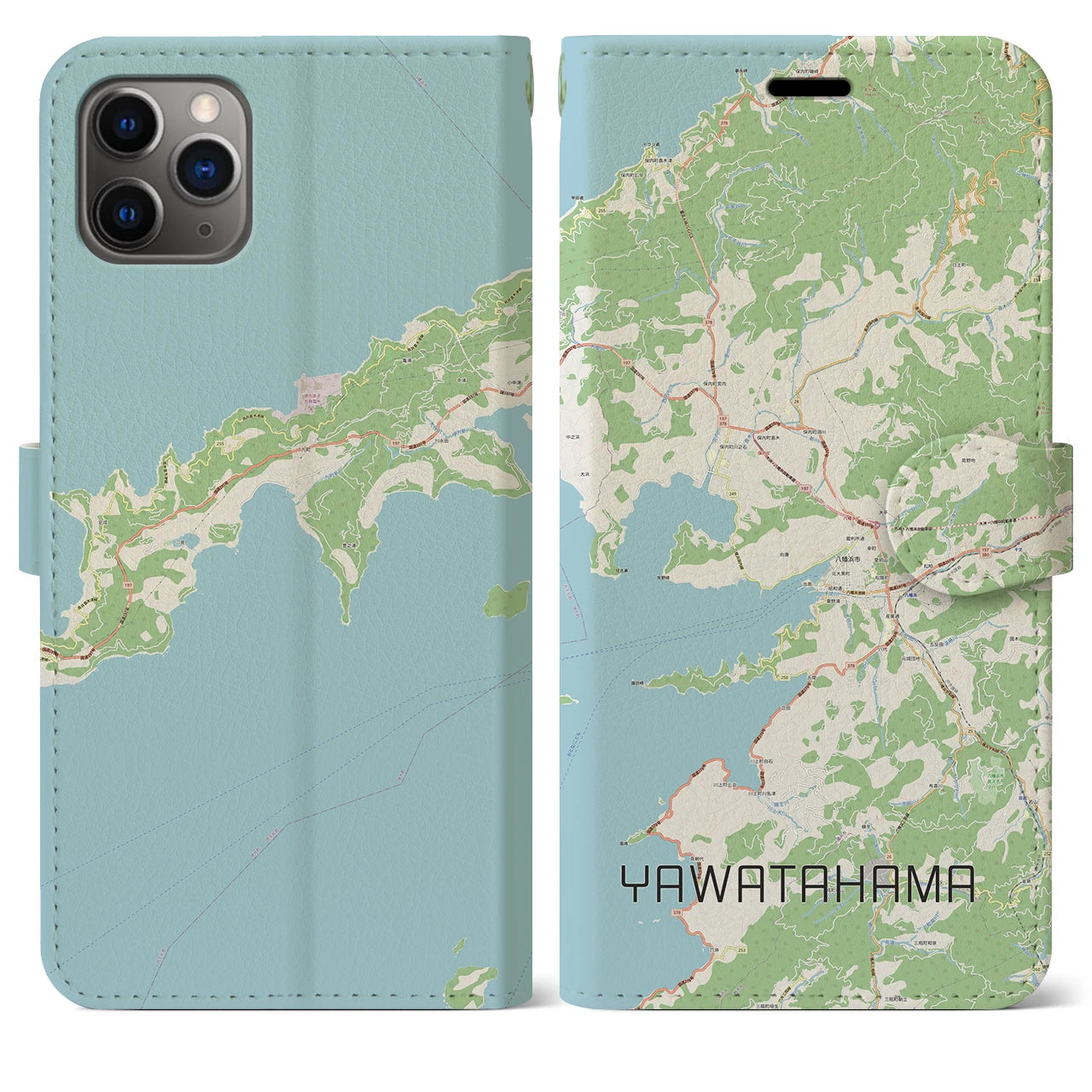 【八幡浜】地図柄iPhoneケース（手帳両面タイプ・ナチュラル）iPhone 11 Pro Max 用