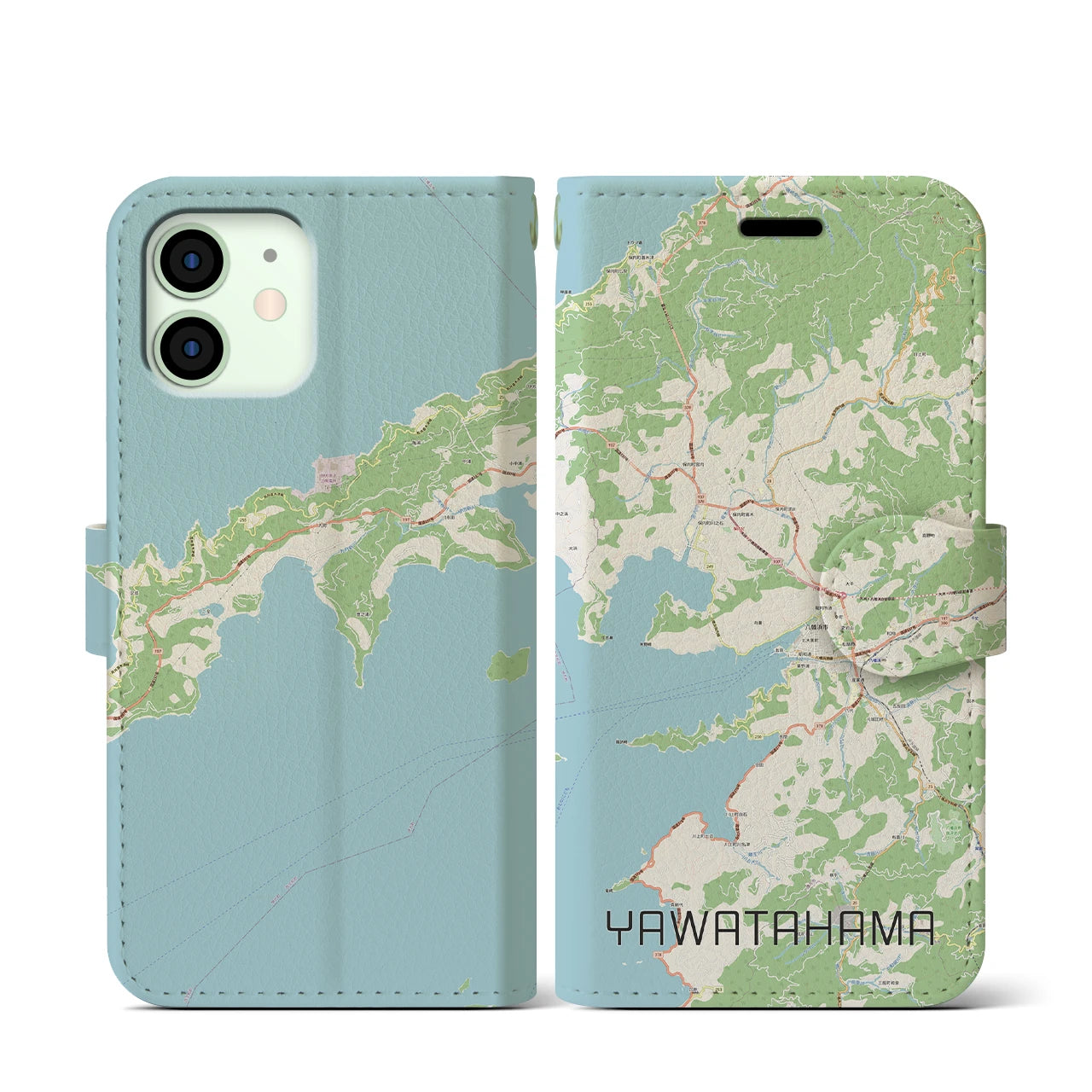 【八幡浜】地図柄iPhoneケース（手帳両面タイプ・ナチュラル）iPhone 12 mini 用