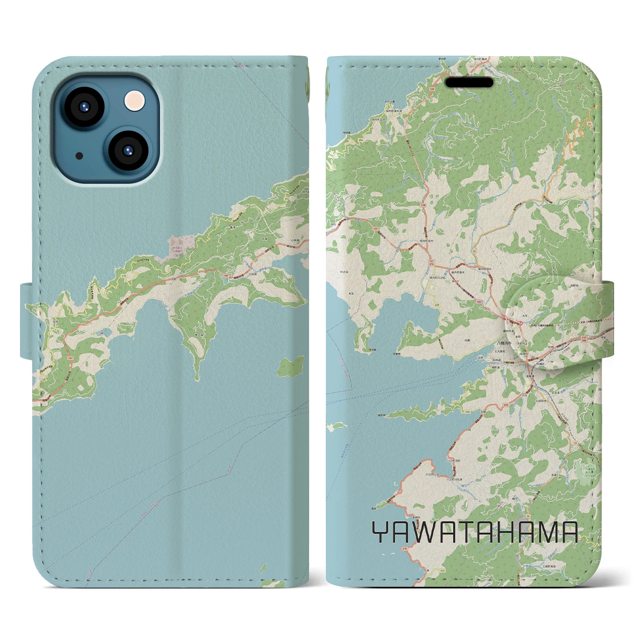 【八幡浜】地図柄iPhoneケース（手帳両面タイプ・ナチュラル）iPhone 13 用