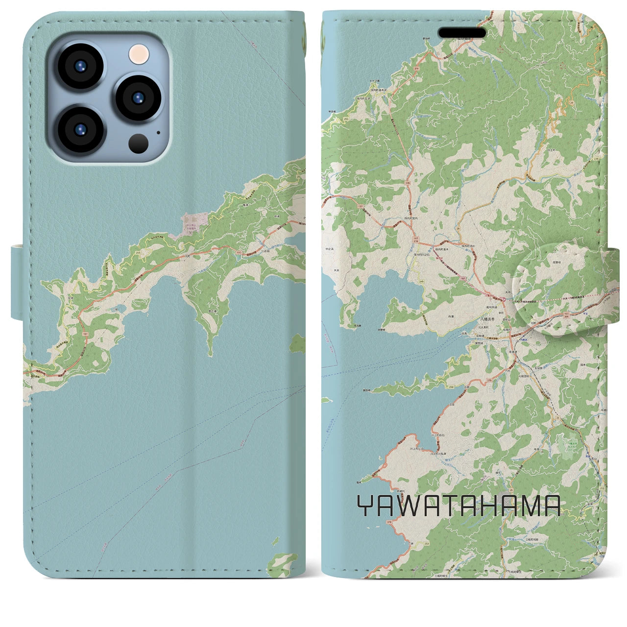 【八幡浜】地図柄iPhoneケース（手帳両面タイプ・ナチュラル）iPhone 13 Pro Max 用