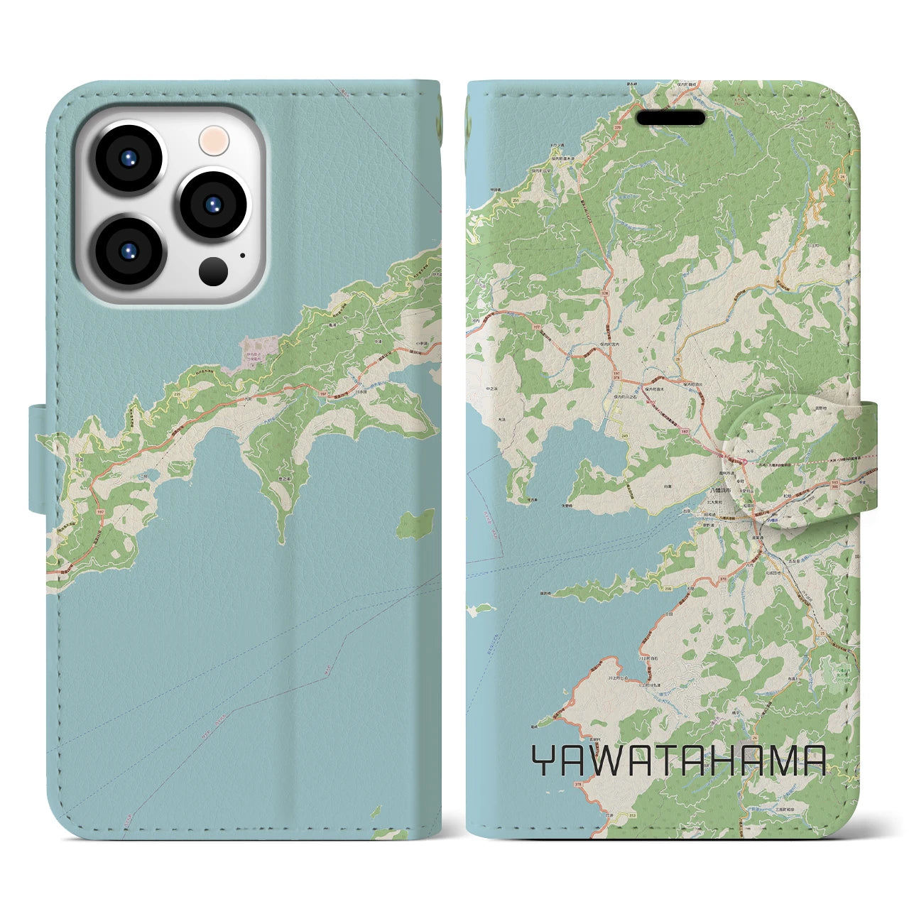 【八幡浜】地図柄iPhoneケース（手帳両面タイプ・ナチュラル）iPhone 13 Pro 用