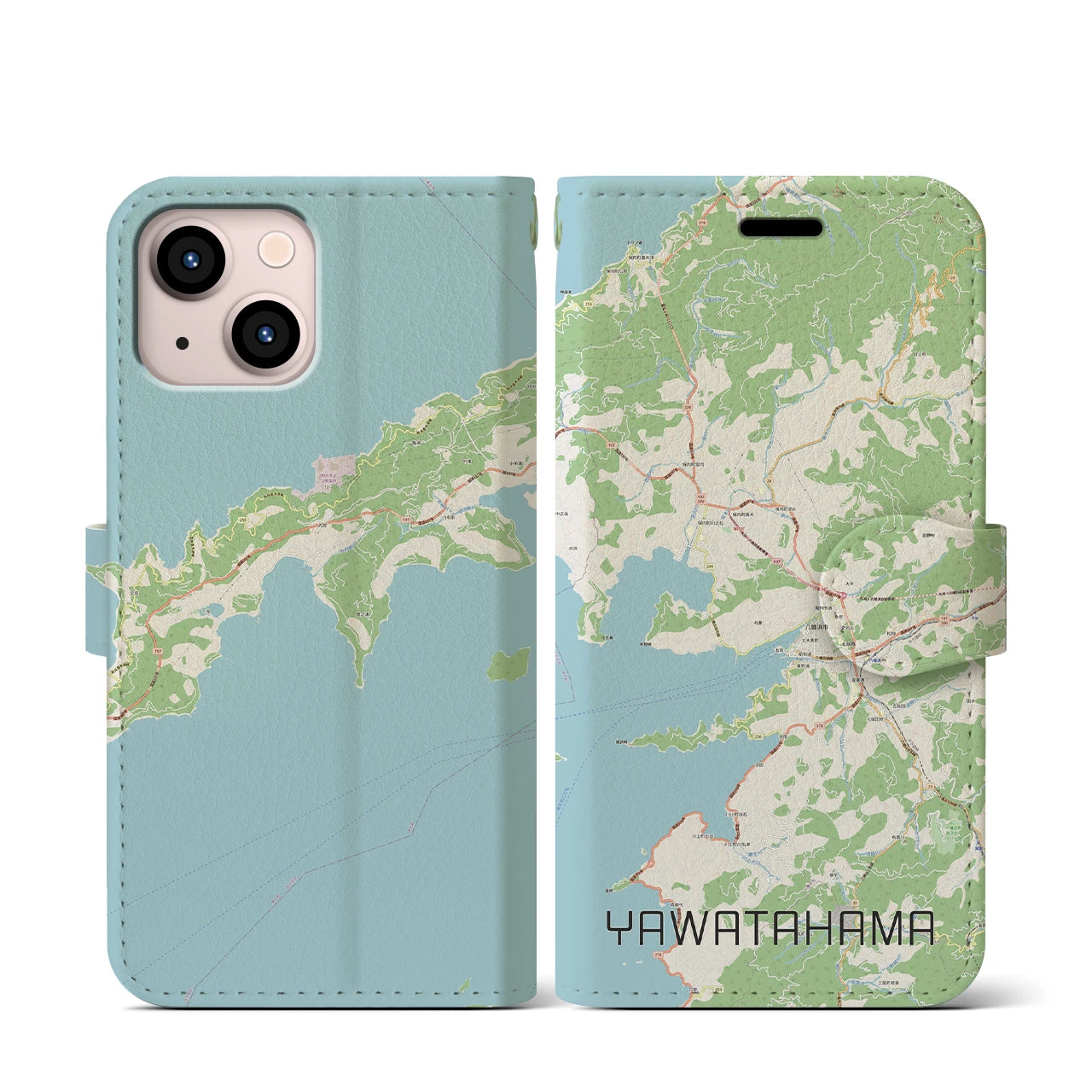 【八幡浜】地図柄iPhoneケース（手帳両面タイプ・ナチュラル）iPhone 13 mini 用