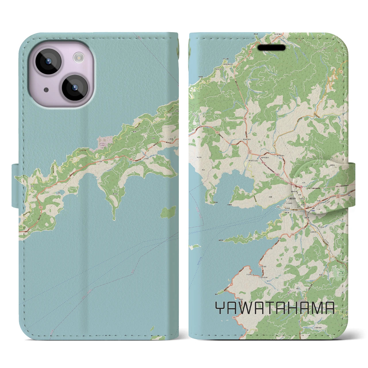 【八幡浜】地図柄iPhoneケース（手帳両面タイプ・ナチュラル）iPhone 14 用
