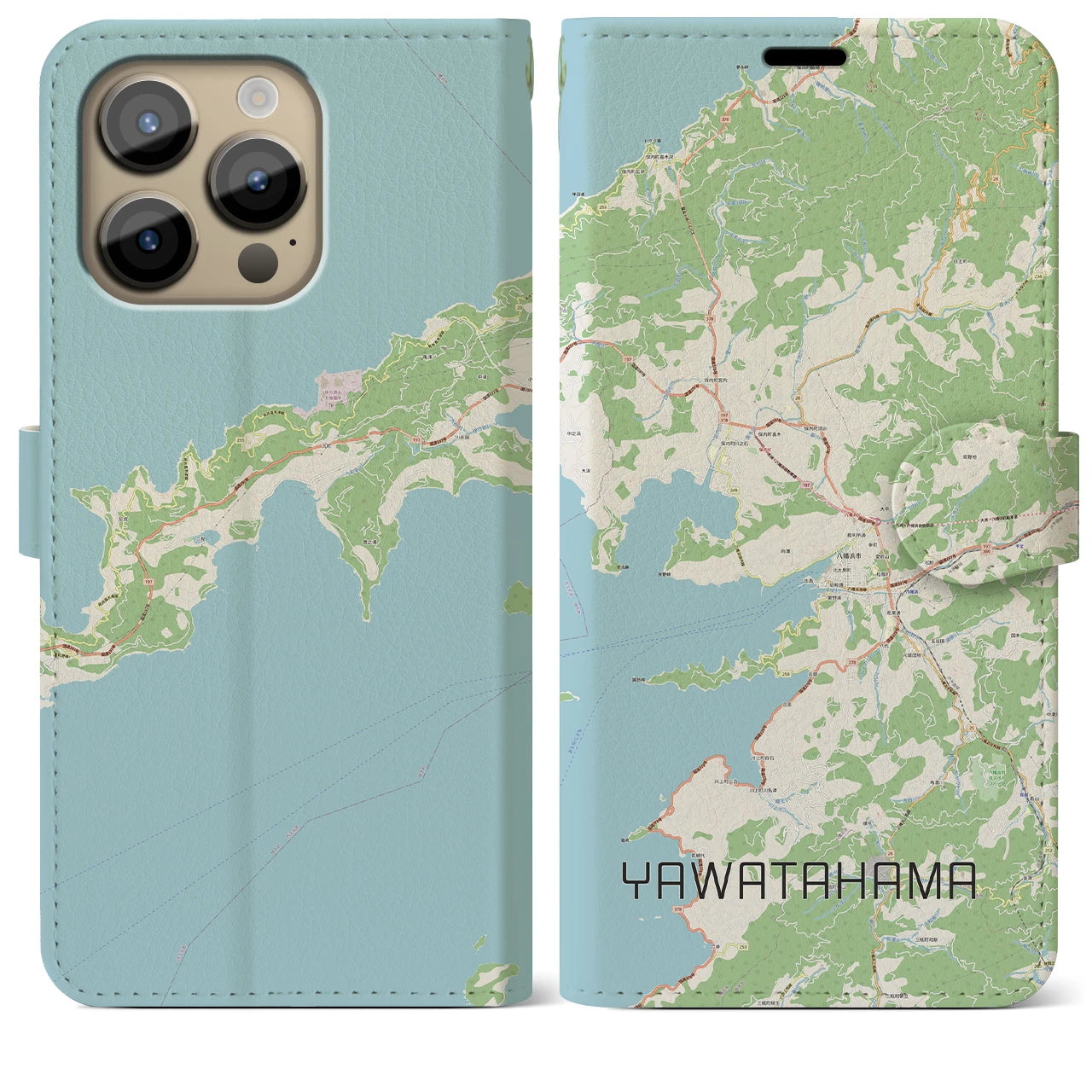 【八幡浜】地図柄iPhoneケース（手帳両面タイプ・ナチュラル）iPhone 14 Pro Max 用