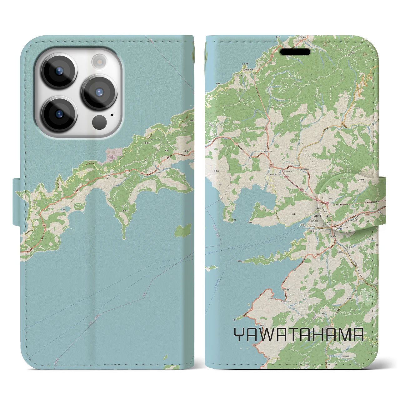 【八幡浜】地図柄iPhoneケース（手帳両面タイプ・ナチュラル）iPhone 14 Pro 用