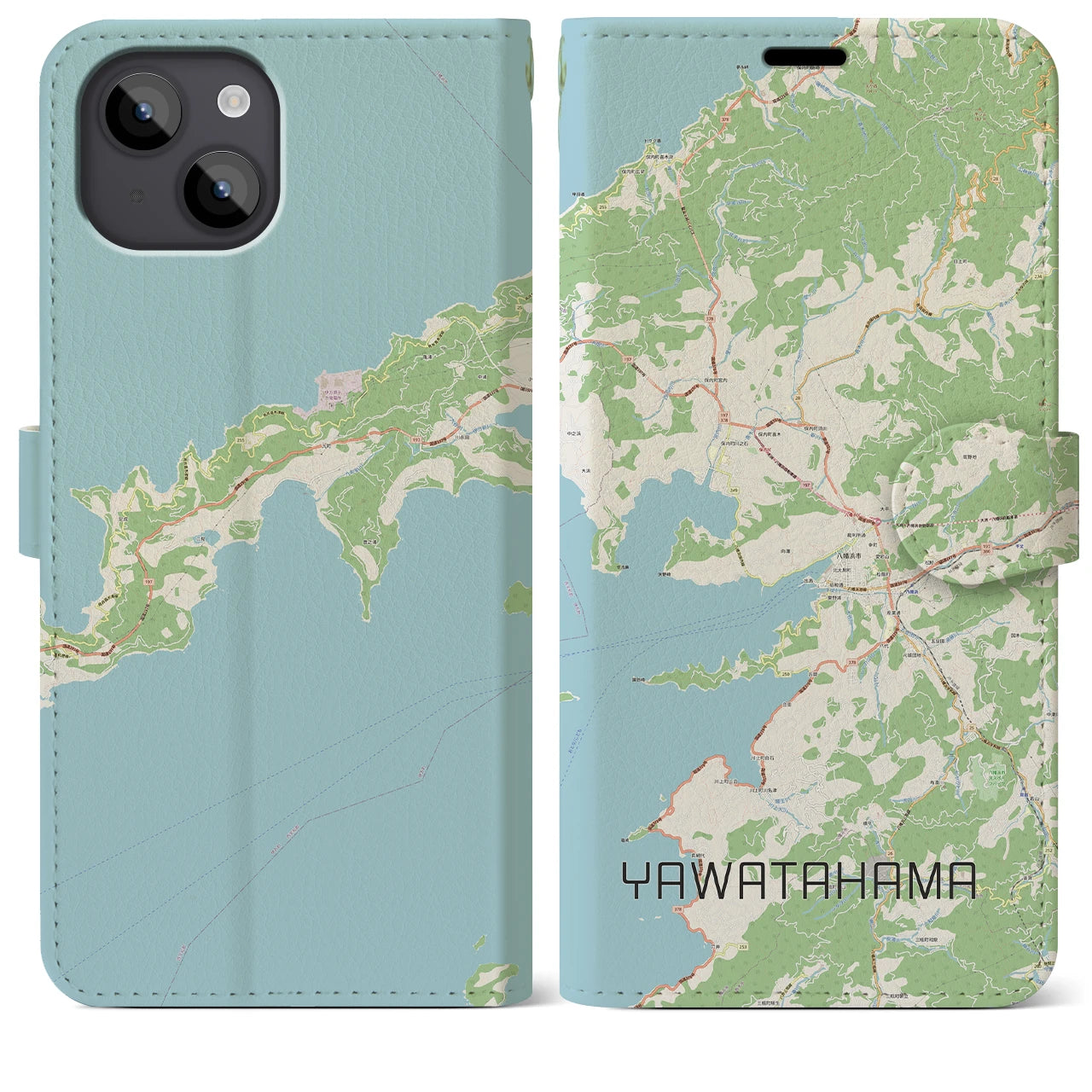 【八幡浜】地図柄iPhoneケース（手帳両面タイプ・ナチュラル）iPhone 14 Plus 用