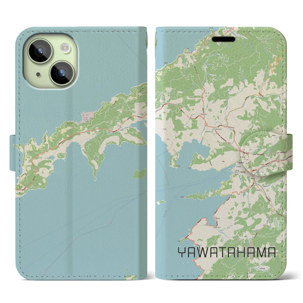 【八幡浜】地図柄iPhoneケース（手帳両面タイプ・ナチュラル）iPhone 15 用