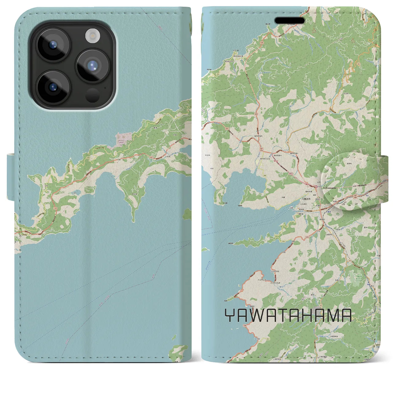 【八幡浜】地図柄iPhoneケース（手帳両面タイプ・ナチュラル）iPhone 15 Pro Max 用